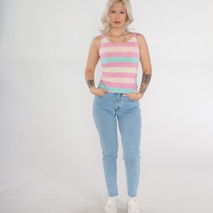 Striped Tank Top 80s Sleeveless T-Shirt Pink Blue Stripes Print Retro Casual Blouse Summer Shirt Cotton Vintage 1980s Extra Small xs image 3