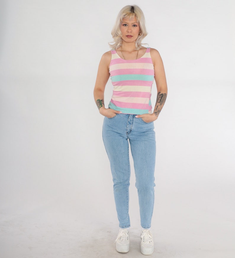 Striped Tank Top 80s Sleeveless T-Shirt Pink Blue Stripes Print Retro Casual Blouse Summer Shirt Cotton Vintage 1980s Extra Small xs image 3