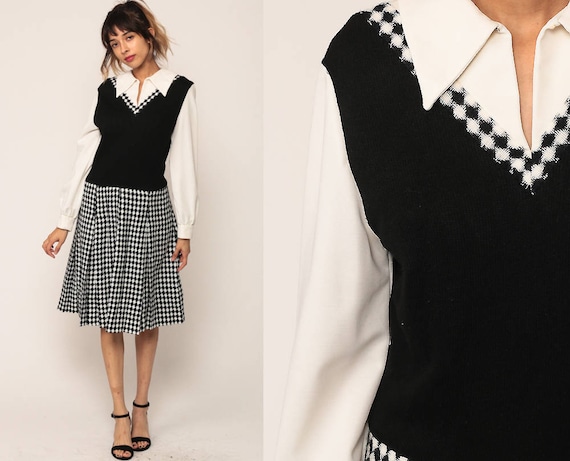 Mod Dress 60s Midi Plaid SCOOTER Drop Waist Pleated 70s Kawaii Checkered Lolita Vintage Long Sleeve Black White School Girl Medium Large