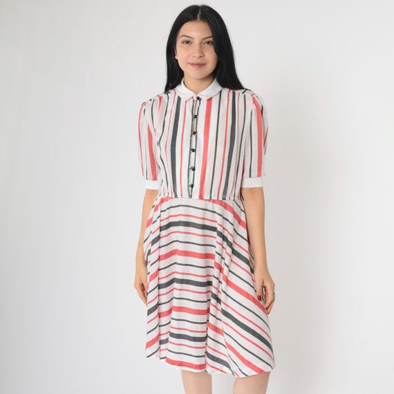 Vintage Striped Puff Sleeve Dress 80s White Button Up Knee Length Dress Red Black High Waisted Boho Secretary 1980s Flared Skirt Medium