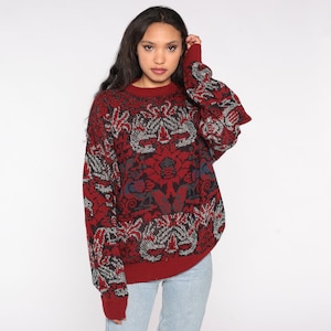 Abstract Jacquard Sweater 80s Red Blue Geometric Print Knit Jumper 90s Statement Vintage Pullover Retro Acrylic Crewneck Mens Extra Large XL