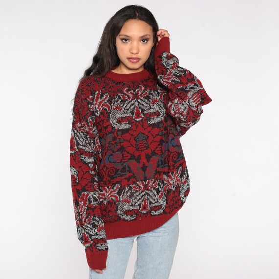Abstract Jacquard Sweater 80s Red Blue Geometric Print Knit Jumper 90s Statement Vintage Pullover Retro Acrylic Crewneck Mens Extra Large XL