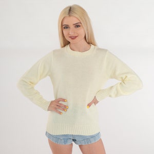 Suéter crema de los años 70 y 80, jersey de punto, jersey de cuello redondo, jersey de cuello redondo retro, jersey liso básico, sencillo, tejido de punto, acrílico, vintage, años 70, pequeño, S