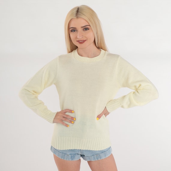 Cream Sweater 70s 80s Knit Pullover Crewneck Sweater Retro Crew Neck Jumper Plain Basic Simple Knitwear Acrylic Vintage 1970s Small S
