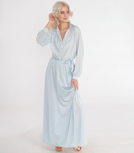 70s Maxi Dress Grecian Formal Semi-Sheer Light Blue Dress Long Sleeve High Waisted Disco Party V Neck Retro Plain Vintage 1970s Medium Large