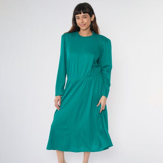 Vintage Teal Midi Dress 80s Secretary Dress Green High Elastic Waist Long Puff Sleeve Plain Boho 1980s Ruched 16 W Women's Large L