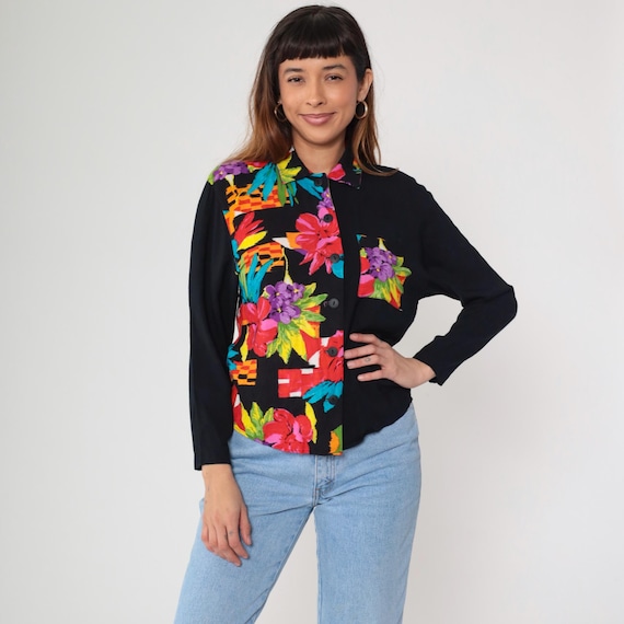 90s Floral Blouse Tropical Print F Stop Hibiscus Bright Colors Black Rayon Button Front Long Sleeve Colorblock Summer Small S