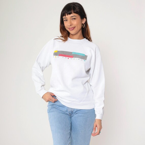 Vintage San Francisco Sweatshirt 90s Spellout Crewneck Graphic California Pullover Tourist 1990s White Raglan Sleeve Destination Medium M