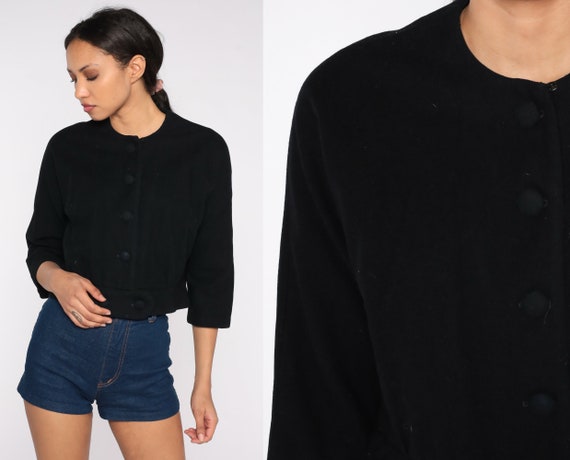 60s Cropped Jacket Black Mod Jacket Jackie O Boho Jacket 3/4 Sleeve Blazer Bohemian Hippie Retro Formal Plain Button Up Vintage 1960s Medium