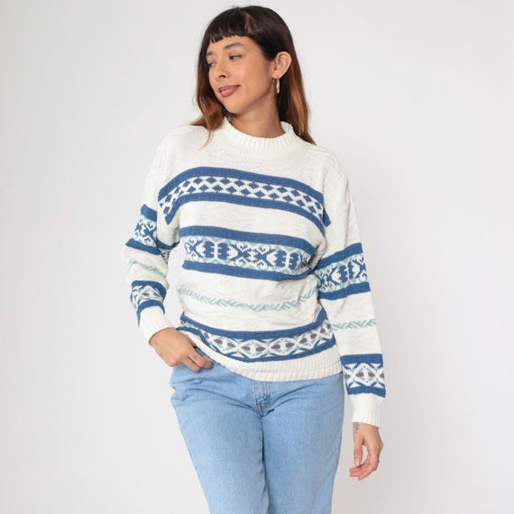 90s White Geometric Sweater Cotton Knit Sweater 1990s Blue Statement Vintage Crewneck Pullover Retro Cozy Small xs