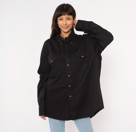 Black Wrangler Western Shirt 2000s Cotton Button Down Work Pointed Collar Utility Ranch Cowboy Unisex Relaxed Fit Extra Extra Large XXL
