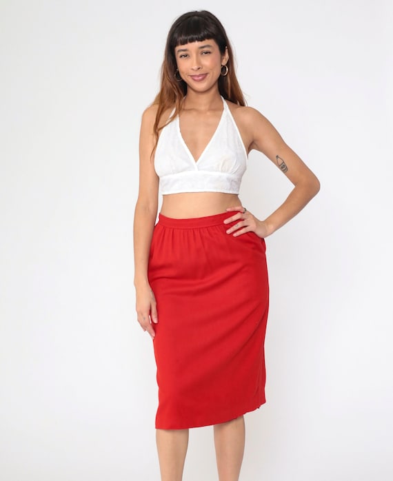 80s Pencil Skirt Red Wool Blend Midi Skirt I Magnin By Evan Picone High Waisted Preppy Wiggle Chic Retro Secretary Vintage 1980s Medium 8