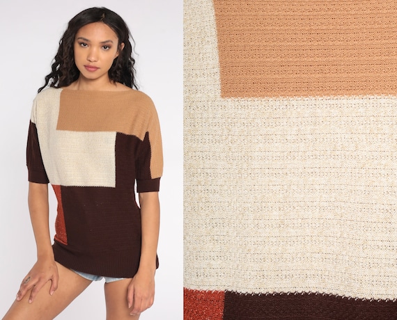 80s Knit Top Color Block Striped Shirt Short Sleeve Sparkly Sweater Top Metallic Cream Rust Brown Bohemian Retro Tee Vintage 1980s Small S