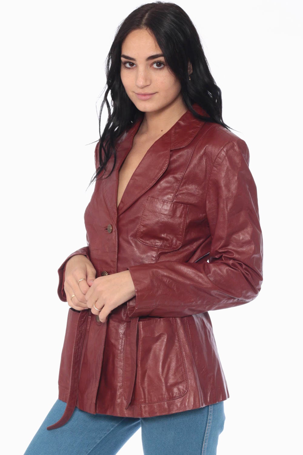 70s Leather Jacket Coat Brown Belted Trench Coat Boho Hippie Jacket 1970s Womens Spy Jacket 