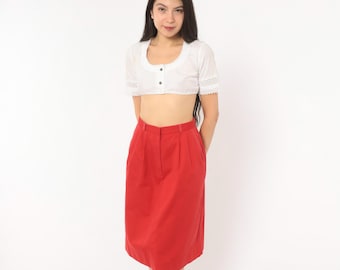 Jaren 80 rode plooirok tot de knie, kokerrok met contrasterende stiksels, kersenrood, hoge taille, zijzakken, karmozijnrood, kantoorstijl, preppy, vintage, extra small XS