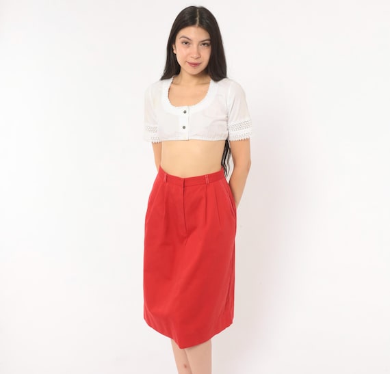 80s Red Pleated Skirt Knee Length Pencil Contrast Stitch Cherry High Waist Side Pocket Crimson Office Preppy Vintage Extra Small XS