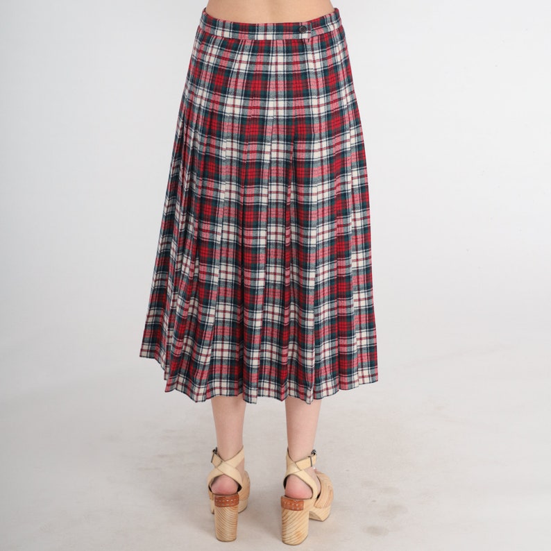 Pendleton Midi Skirt 80s Red Plaid Wool Skirt High Waisted Pleated School Girl Preppy Green White Tartan Uniform Vintage 1980s Small 28 image 6