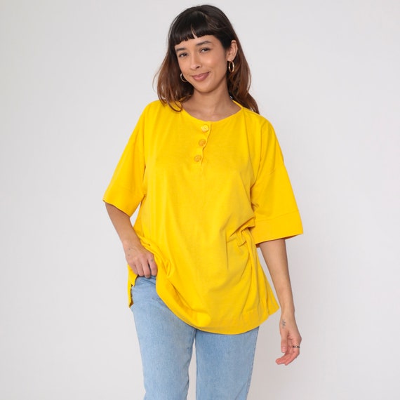 Yellow Henley Shirt 80s 90s Short Sleeve T-Shirt Button up TShirt Bright Spring Tee Retro Basic Plain Top Vintage 1980s Plus Size 22/24