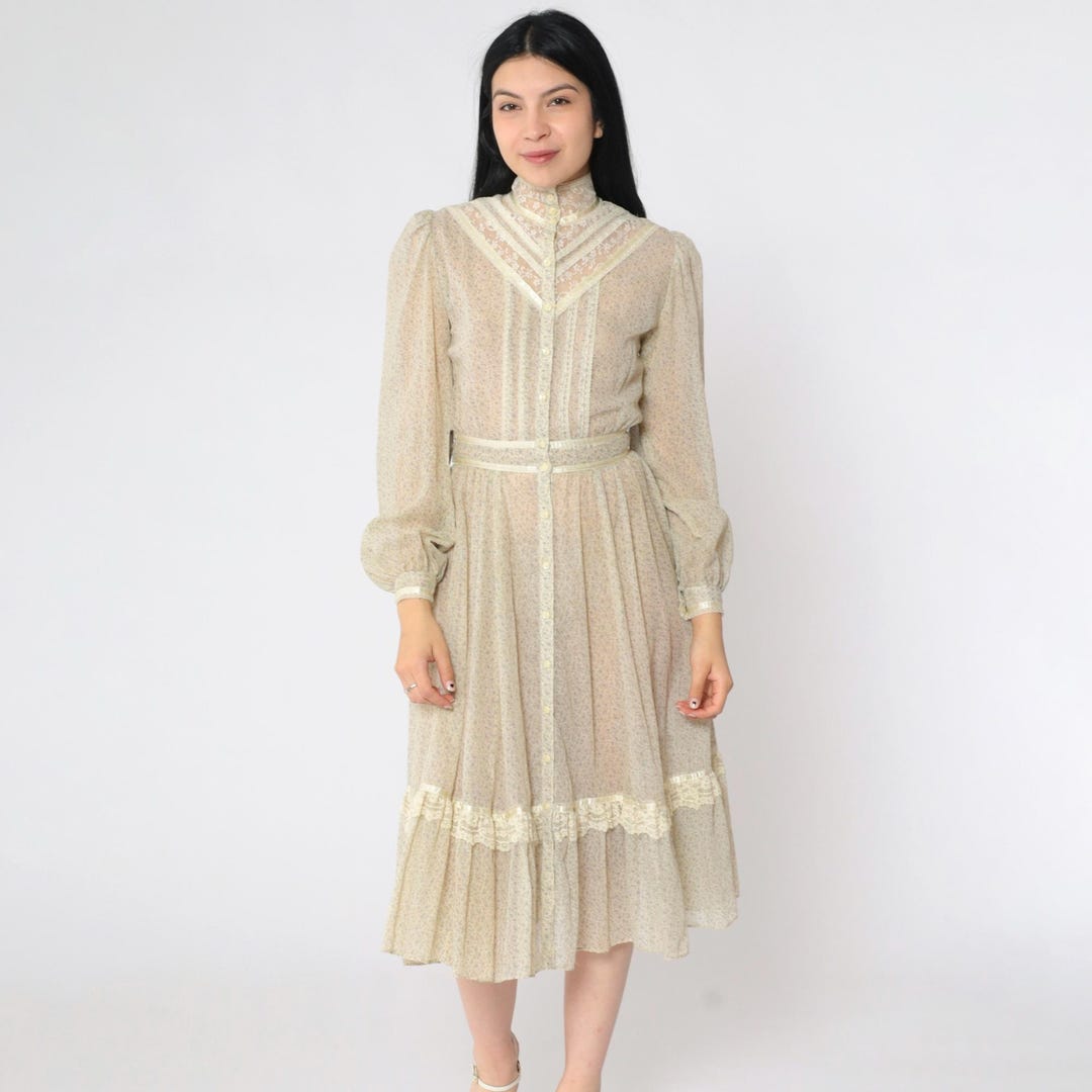 Vintage 70s Gunne Sax Dress Sheer Floral Prairie Cream Calico Midi Lace ...