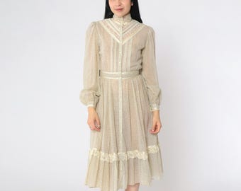Vintage 70s Gunne Sax Dress Sheer Floral Prairie Cream Calico Midi Lace Cottagecore Puff Sleeve High Waisted Button up 1970s Extra Small xs