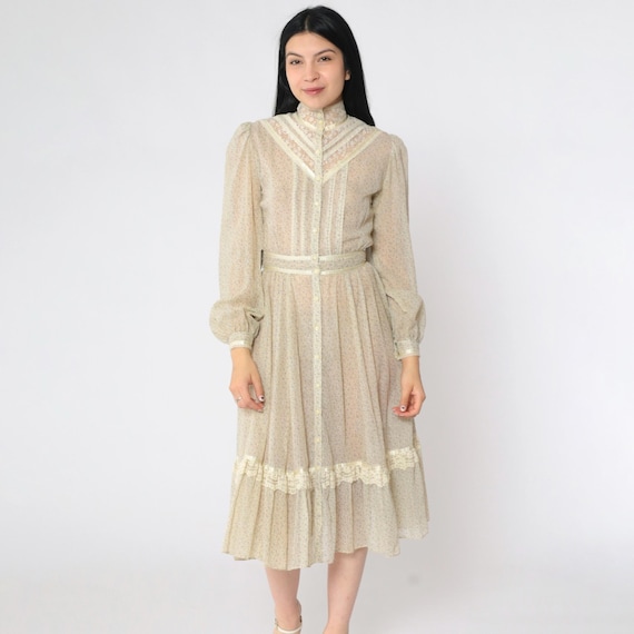 Vintage 70s Gunne Sax Dress Sheer Floral Prairie Cream Calico Midi Lace Cottagecore Puff Sleeve High Waisted Button up 1970s Extra Small xs