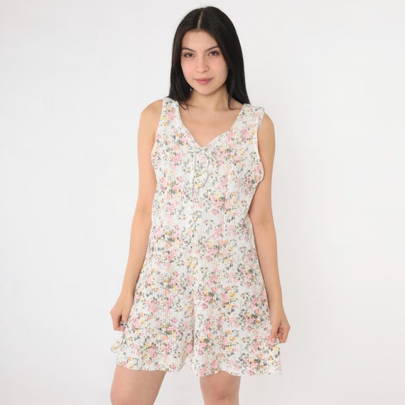 Vintage Floral Romper Shorts 90s Mini Lace Up Playsuit Wide Leg Grunge 1990s Boho White Pink Sleeveless Summer Retro Medium Large
