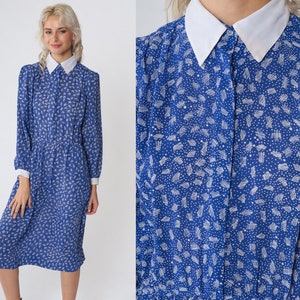 80s Secretary Dress Blue Collared Midi Dress Puff Sleeve White Ditsy Dot Abstract Stick Print High Waisted Long Sleeve Vintage 1980s Small S image 1