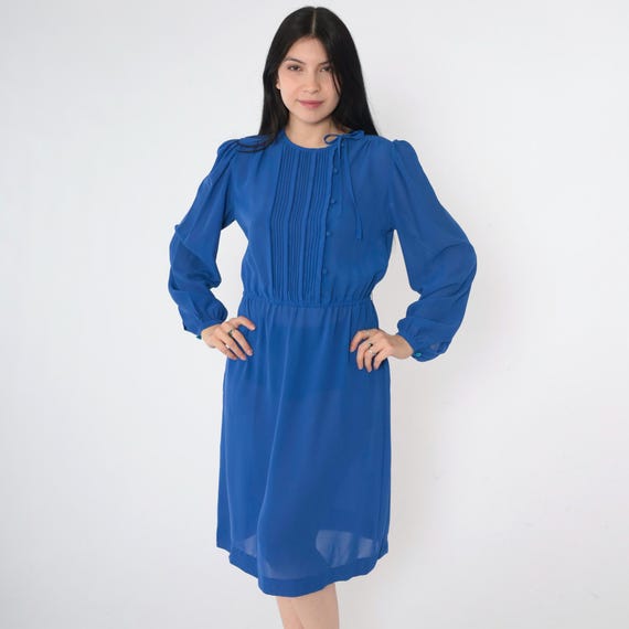 Vintage Sheer Blue Dress Midi 80s Shirtwaist Puff Sleeve Dress Secretary Asymmetrical Shirtwaist Button Up 1980s Plain Small Medium
