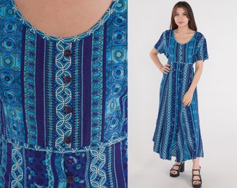 Robe Boho des années 90 Bouton vers le haut Robe Midi Bleu Rayé Abstrait Géométrique Imprimé Floral Manches Courtes Empire Taille Jour Grunge vintage années 1990 Grand L