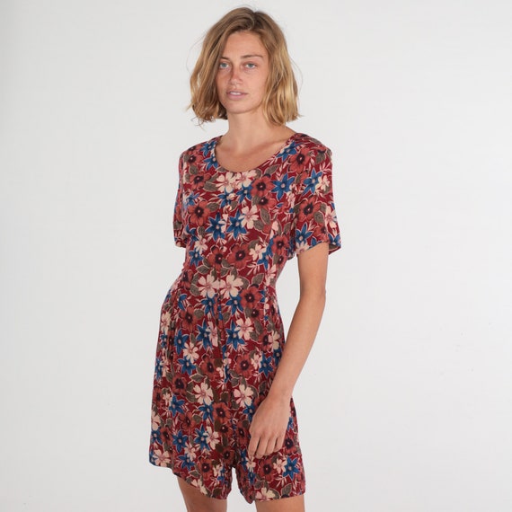 Red Floral Romper 90s Button up Playsuit Knee Length Wide Leg Shorts Flower Print Short Sleeve Summer Retro Rayon Vintage 1990s Small S