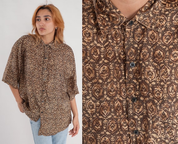Geometric Silk Shirt Y2K Brown Collared Shirt Floral Print Button Up Short Sleeve Vintage 00s Oxford Shirt Pocket Small S