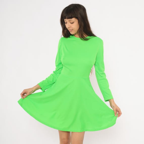 Neon Green Mini Dress 70s Long Sleeve Fit And Flare Crew Neck Lime Skater Frock Back Zip Mod A Line Vintage Elegant Miss California Small S