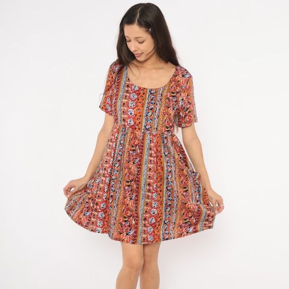90s Mini Bohemian Babydoll Dress Tribal Print Abstract Floral Stripe Mini Multicolor Earth Tone Rust Blue Summer Hippie Vintage Small S