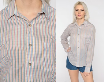 Rainbow Striped Blouse 80s Cotton Top Button Up Shirt Long Sleeve Top Vintage Retro Shirt Medium