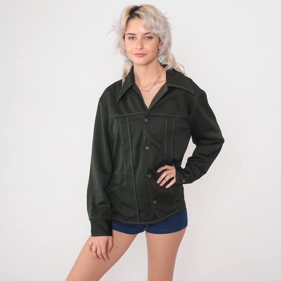 Wrangler Shacket 70s Vintage Olive Green Button Up Shirt Jacket Contrast Stitching Western Overshirt Utility Style Forest Dark Green Large L