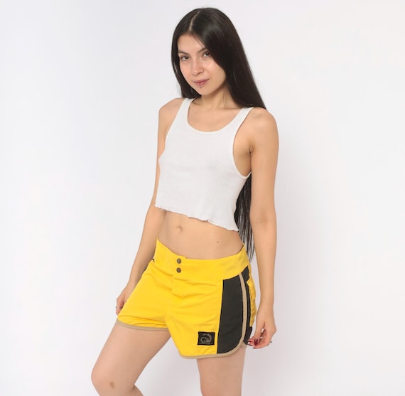 70s Golden Wave Board Shorts Yellow Black Color Block Front Button Surf Swim Trunks Cotton Side Stripe Beach Summer Vintage Womens Large L