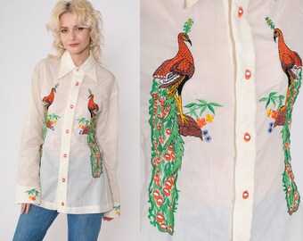 70s Peacock Shirt Sheer Embroidered Bird Top Vintage Off-White Organza Hippie Button Up Boho Long Sleeve Blouse Bohemian Vintage Medium