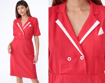 80s Dress Red Wrap Midi Dress Double Breasted Button up Secretary Collared High Waist Short Sleeve Shirtwaist Vintage 1980s White Medium 10P