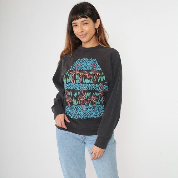 90s Flamingo Sweatshirt Black Metallic Glitter Paint Sweatshirt Tropical Bird Graphic Shirt Retro Raglan Sleeve Vintage 1990s Medium Large