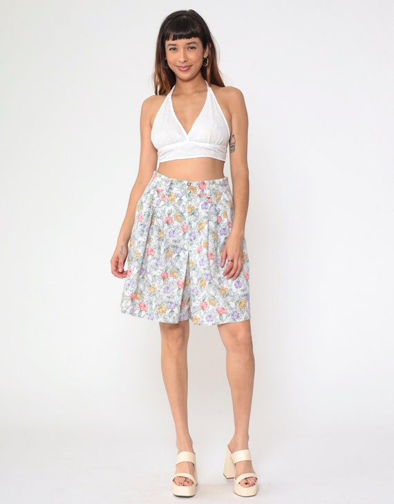 90s Floral Shorts White Pleated Trouser Shorts 80s High Waisted Wide Leg Shorts Flower Print Loose Red Purple Green Vintage 1990s Medium