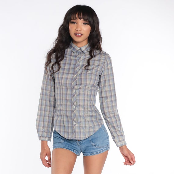 Plaid Blouse 80s Shirt METALLIC Threads Button Down Top 1980s Vintage Taupe Green Blue Long Sleeve Blouse Rockabilly Small S