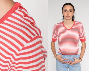 Striped T-Shirt 90s Red White V Neck T Shirt Retro Ringer Tee Short Sleeve TShirt Basic Casual Breton Stripe Top Vintage 1990s Medium M