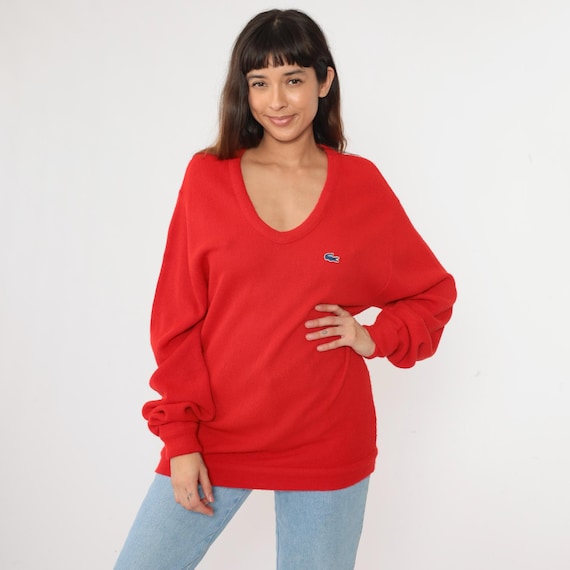 Vintage Izod Lacoste Sweater 80s Red Deep V Neck Slouchy Pullover Jumper Knit 1980s Preppy Tennis Sweater Alligator Retro Men's Large