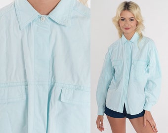 Light Blue Shirt 90s Button Up Shirt Long Sleeve Collared Oxford Plain Basic Button Down Retro Casual Cotton Top Aqua Vintage 1990s Medium M