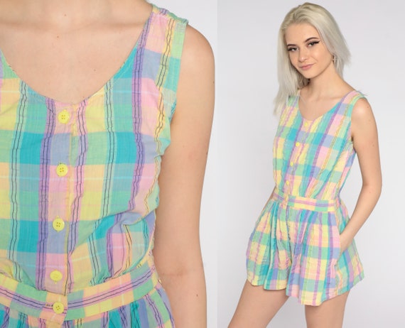 Pastel Plaid Romper 80s One Piece Checkered Playsuit Summer High Waist Button Up 1980s Vintage Shorts Purple Turquoise Small 4