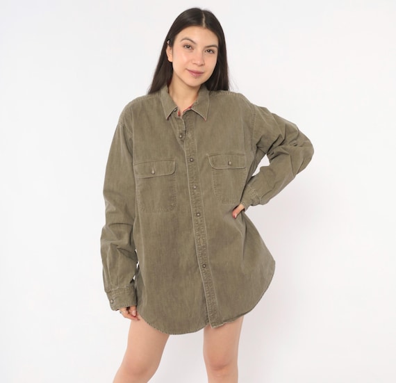 Flannel Lined Work Shirt 90s L.L.Bean Button Front Olive Denim Cotton Camping Army Green Khaki Utility Vintage Long Sleeve Extra Large XL