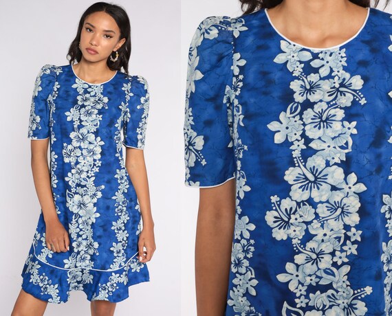 Hawaiian Mini Dress 80s Floral Dress Puff Sleeve Shift Blue Sheath 1980s Boho Dress Summer Tropical Dress Vintage Bohemian Small s