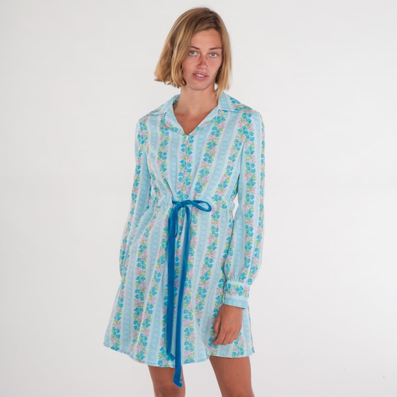 70s Floral Dress Blue Striped Mini Dress Zip Up Long Sleeve High Waisted Velvet Ribbon Belt Long Sleeve Collared Boho Vintage 1970s Small S