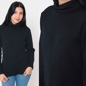 Black Turtleneck Shirt 70s Ribbed Space Age Mod Top Turtle Neck Retro Basic Simple Plain Funnelneck Twiggy Polyester Vintage 1970s Medium M