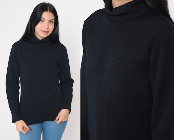 Black Turtleneck Shirt 70s Ribbed Space Age Mod Top Turtle Neck Retro Basic Simple Plain Funnelneck Twiggy Polyester Vintage 1970s Medium M